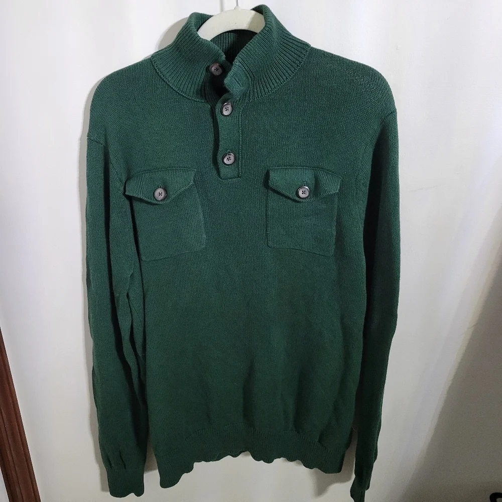 Banana Republic Men's Green Knit 1/4 Button Sweater 100% Cotton, Size L